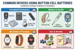 Illustration of devices using button cell batteries categorized by type, highlighting common uses.