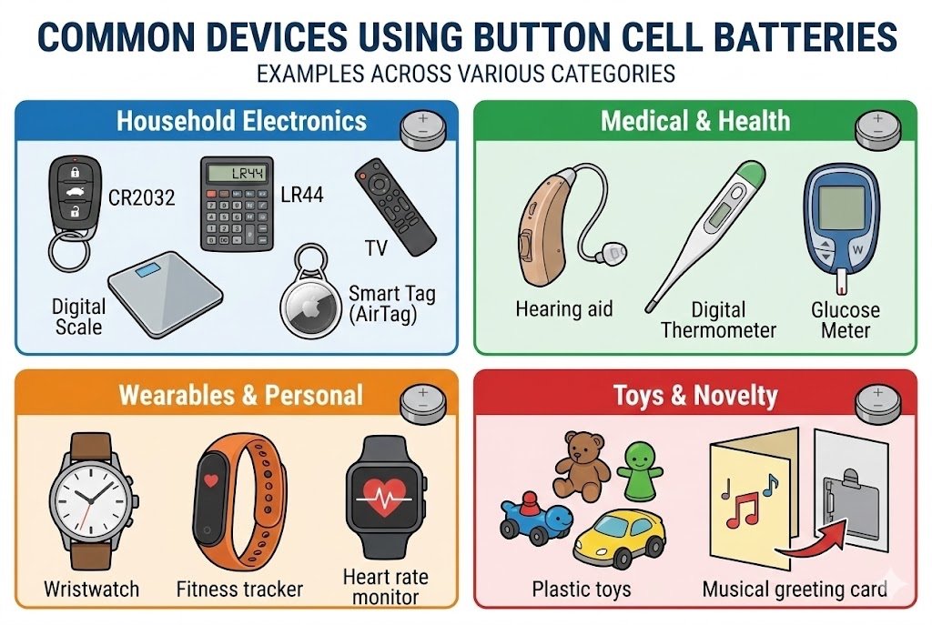 Devices using button cell batteries