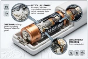 Close-up of a corroded alkaline battery with crystalline leakage and device contact corrosion in a battery holder.