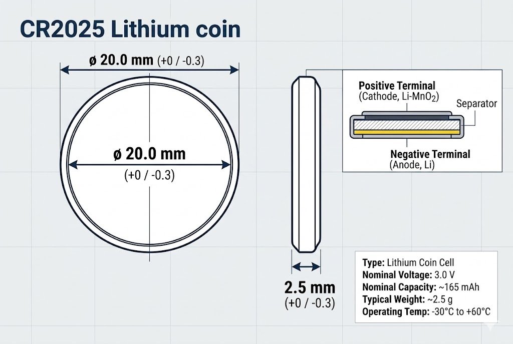 CR2025 and CR2032 physical dimensions diagram CR2025 dimensions diagram