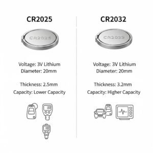 Comparison of CR2025 and CR2032 lithium coin batteries highlighting voltage, diameter, thickness, and capacity differences.