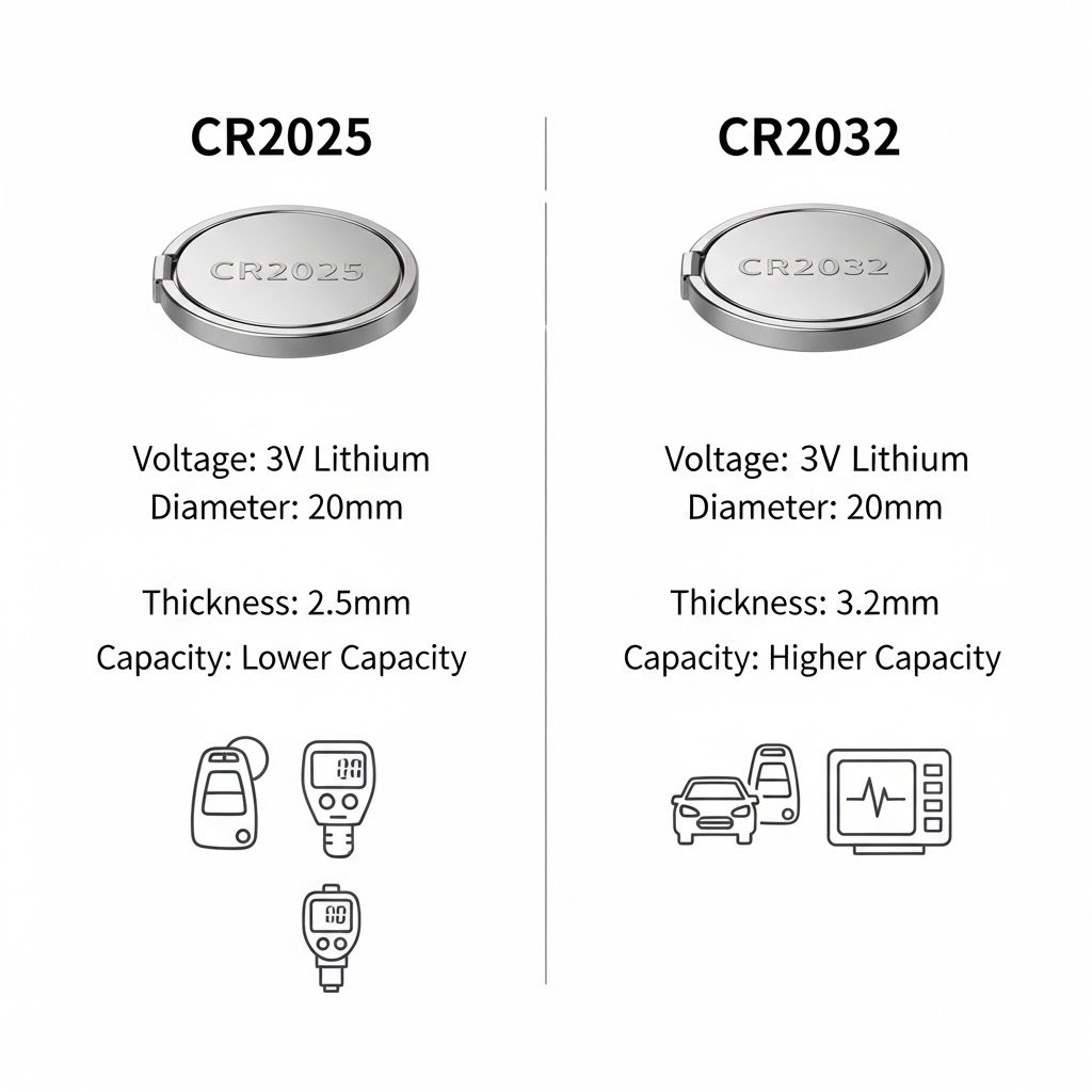 CR2025 vs CR2032 coin battery side by side CR2025 vs CR2032 comparison
