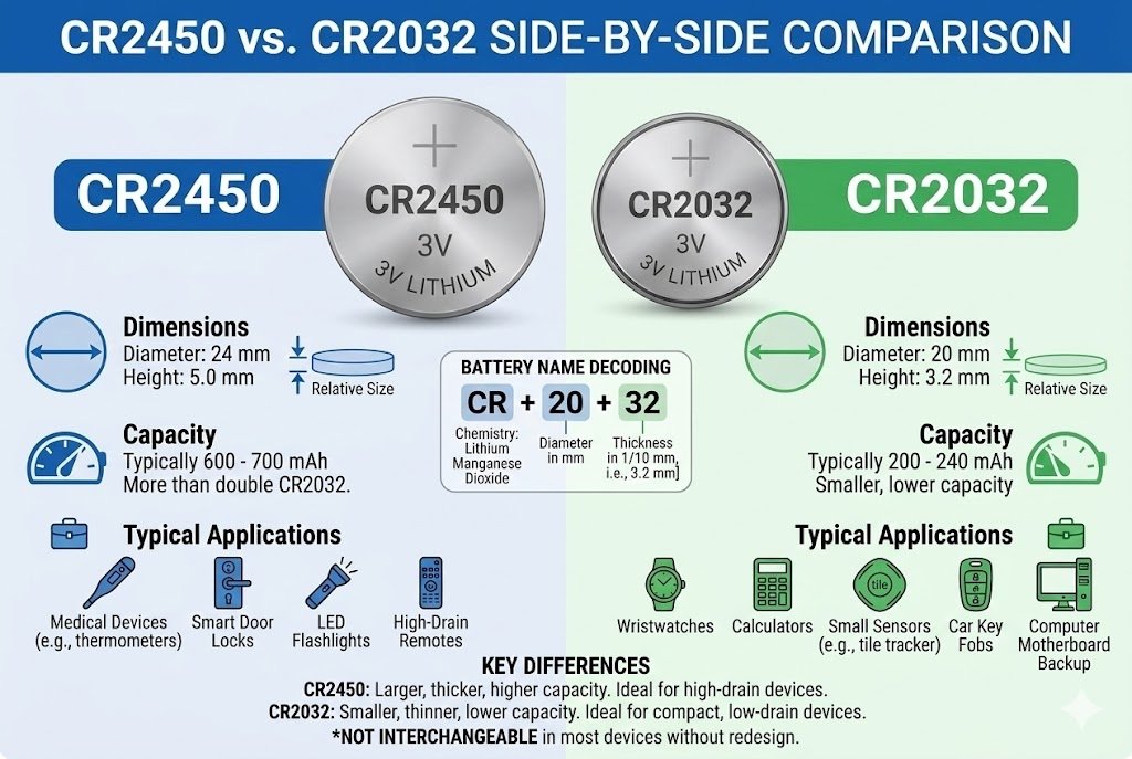 CR2450 vs CR2032 Size Comparison CR2450 vs CR2032 side by side comparison