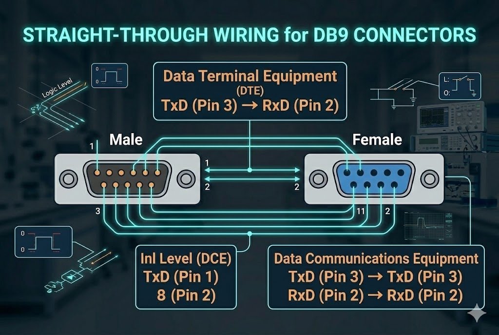 Straight-through wiring for DB9 connectors Straight-through wiring for DB9 connectors