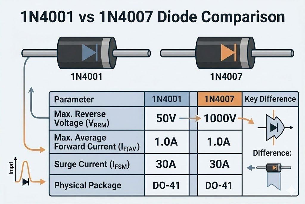 1N4001 vs 1N4007 diode comparison