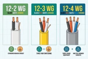 Diagram showing 12-2, 12-3, and 12-4 WG wiring types with applications like standard circuits and three-way switching.