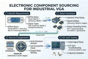 Infographic illustrating electronic component sourcing process for industrial VGA, outlining steps such as requirements, hardware selection, sourcing components, and quality control testing.