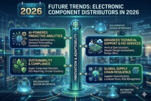 Infographic on 2026 trends in electronic distribution: AI, sustainability, advanced services, supply resilience, holographic interfaces.