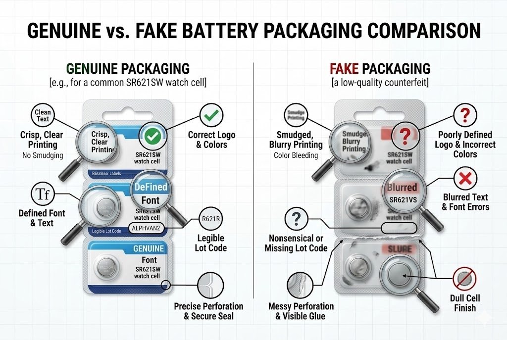 Genuine vs fake battery packaging comparison