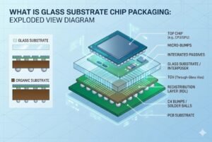 Exploded view diagram of glass substrate chip packaging with detailed labeling of components.