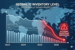 Graph showing global IC inventory levels declining from 2023 to 2026 with regional variations in North America, Asia, and Europe.