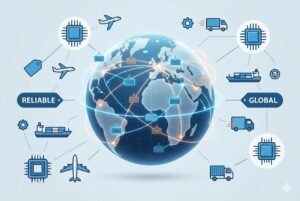 Illustration depicting global logistics with a connected world map, cargo ships, trucks, airplanes, and integrated circuits.