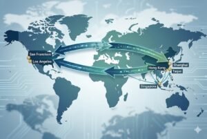 Map depicting shipping routes between San Francisco, Los Angeles, Hong Kong, Shanghai, Taipei, and Singapore.