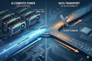 Diagram illustrating GPU clusters with high computing bandwidth and IO interconnect bottlenecks affecting data transport speed.