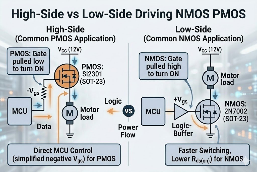High side vs low side driving NMOS PMOS