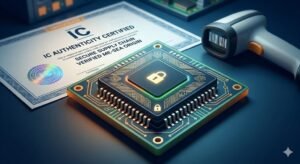 Integrated circuit with a lock symbol, authenticity certificate, and barcode scanner on a blue surface.