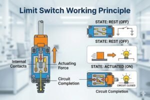 Illustration of limit switch working principle with labeled internal contacts and circuit states.