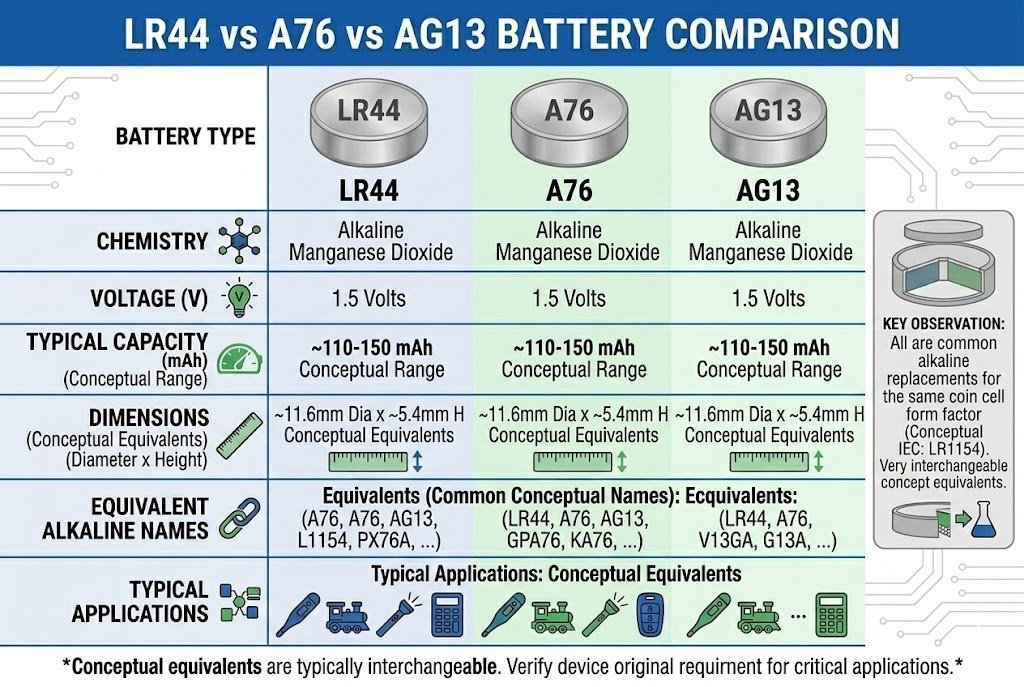LR44 vs A76 vs AG13 battery comparison