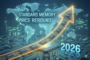 Illustration showing memory price rebound with DDR types and 2026 projected upward trend.
