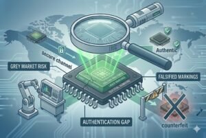 Illustration highlighting microchip authentication, secure channels, and counterfeit detection on a global map.