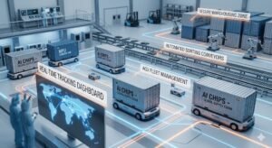 AI-driven warehouse with AGVs, sorting conveyors, and real-time tracking dashboard.