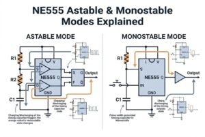 Schematic diagram illustrating NE555 in astable and monostable modes with capacitors and resistors.