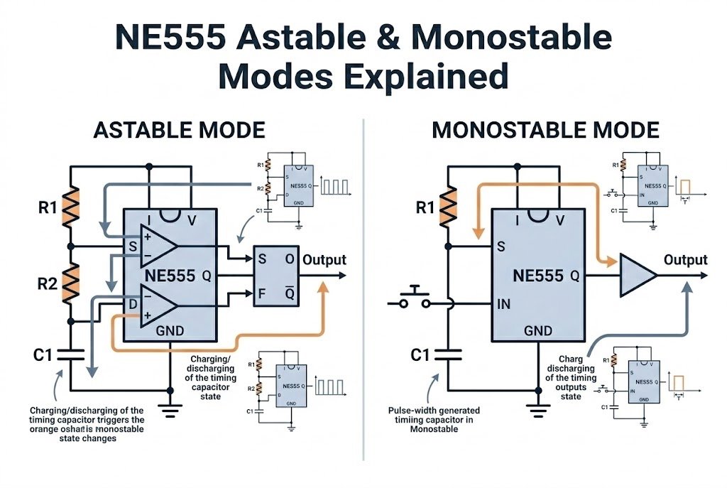 NE555 astable and monostable modes explained