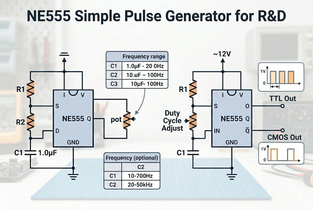 NE555 simple pulse generator for R&D