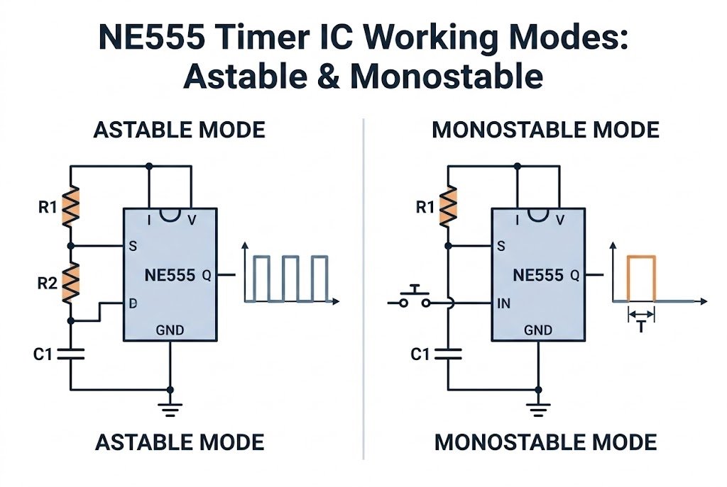 NE555 timer IC working modes astable monostable