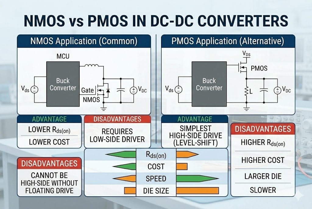 NMOS vs PMOS NMOS vs PMOS in DC-DC converters