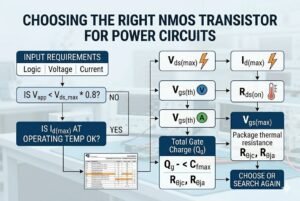 Flowchart outlining steps to choose the right NMOS transistor for power circuits based on logic, voltage, and current.