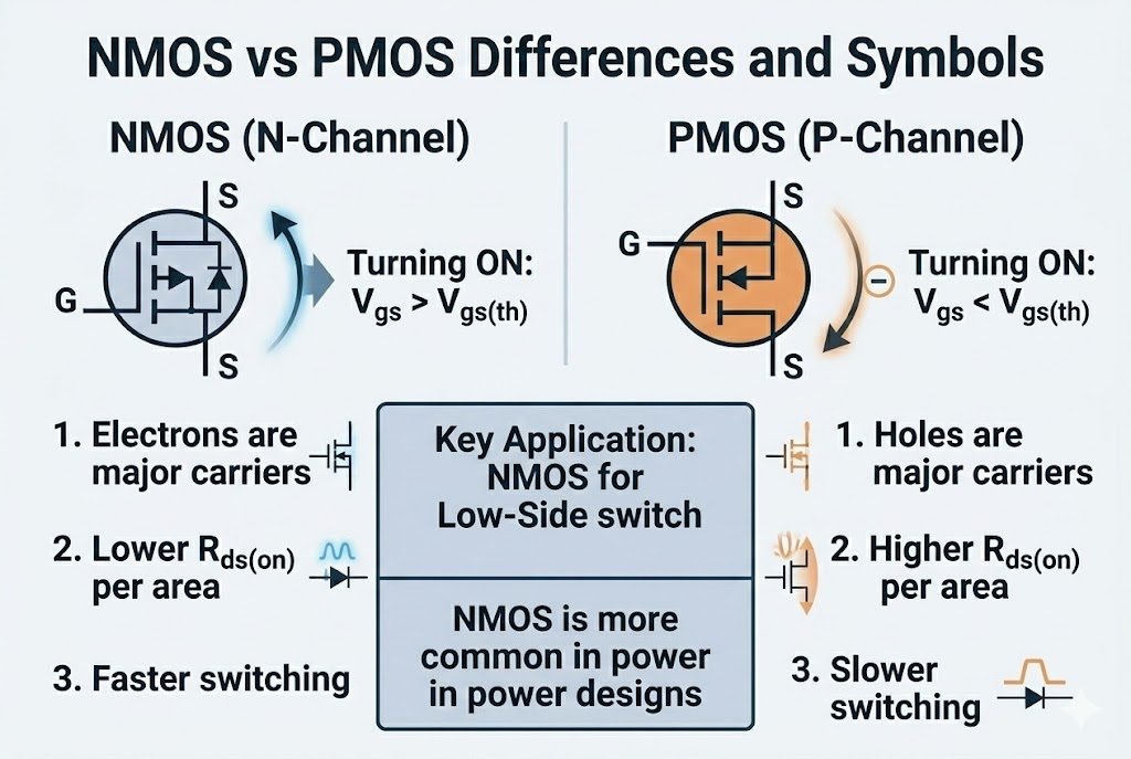 NMOS vs PMOS differences and symbols