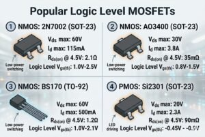 Comparison chart of popular logic level MOSFETs, including NMOS and PMOS transistors, with specifications like Vds and Id max.