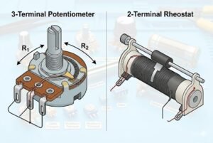 Diagram illustrating a 3-terminal potentiometer and a 2-terminal rheostat with components labeled.