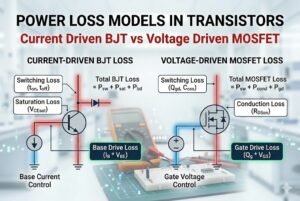Diagram comparing power loss models: current-driven BJT versus voltage-driven MOSFET in transistors.