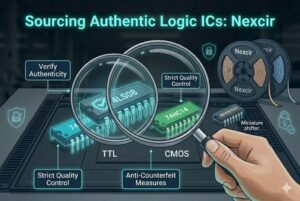 Illustration of logic ICs with magnifying glass for verification, showing strict quality control, TTL and CMOS types.