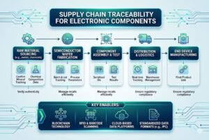 Flowchart depicting supply chain traceability for electronic components from raw material sourcing to end device manufacturing.