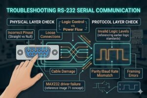 Diagram illustrating troubleshooting steps for RS-232 serial communication, focusing on physical and protocol layer checks.