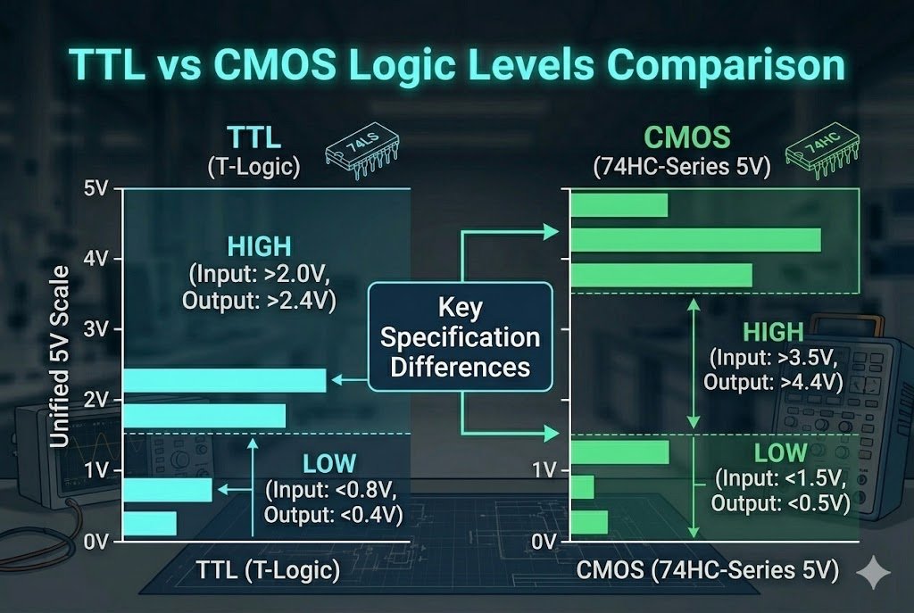 TTL and CMOS Comparison TTL vs CMOS logic levels comparison