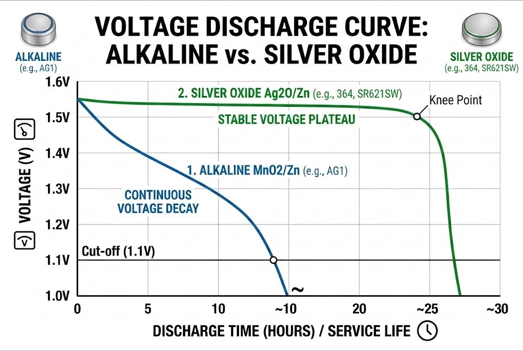 Voltage discharge curve alkaline vs silver oxide