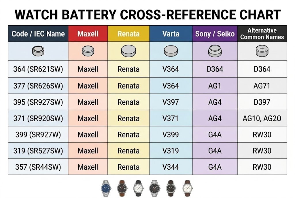 Battery cross reference chart for watches