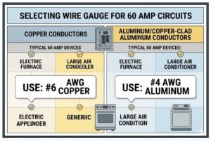Guide with copper and aluminum wire gauges for 60 amp circuits, showing AWG sizes for various appliances.