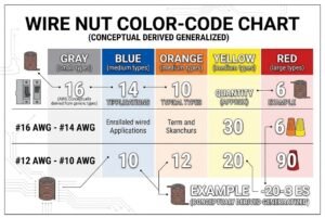 Wire nut color code chart showing gray, blue, orange, yellow, and red categories with associated AWG sizes and applications.