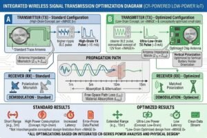 Diagram showing integrated wireless signal transmission optimization with standard and optimized configurations for transmitters and receivers.