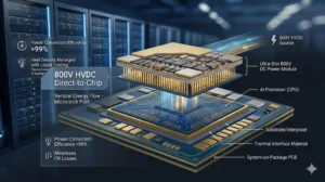 Diagram of 800V HVDC direct-to-chip technology with ultra-thin DC power module, AI processor, and system-on-package PCB.