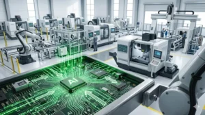 AI chip on circuit board with automated machinery in a factory setting, showcasing advanced robotics and technology.