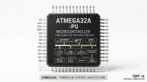 Close-up of ATmega32A-PU microcontroller in TQFP-44 package, showcasing pin configurations and specifications.
