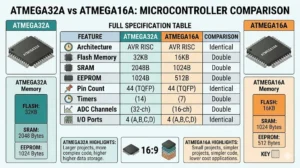 Detailed specification table comparing ATmega32A and ATmega16A microcontrollers including architecture, memory, timers, and ADC channels.