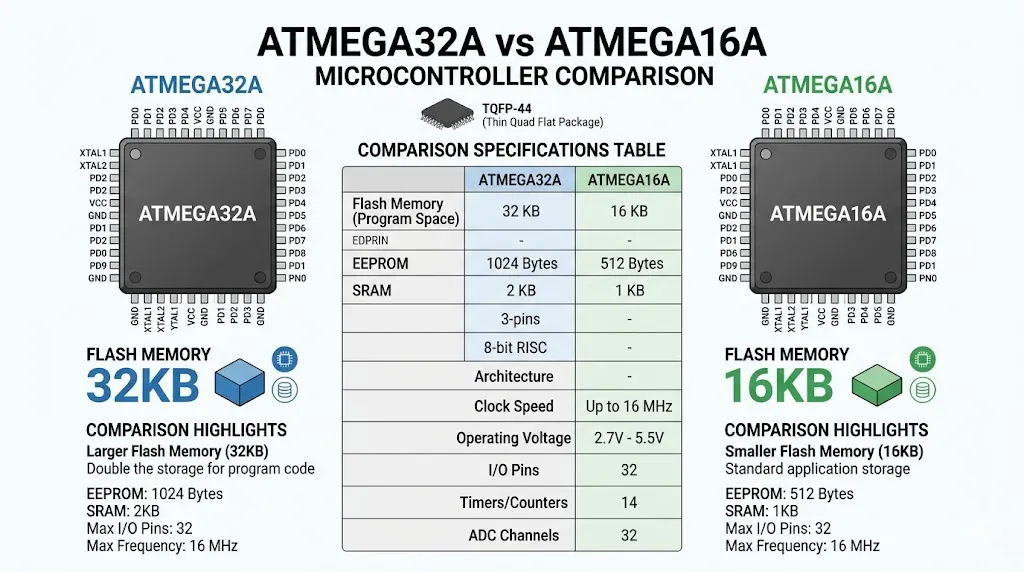 ATMEGA32A vs ATMEGA16A comparison