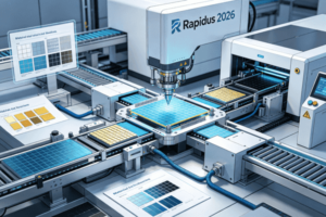 High-tech machinery involved in chip manufacturing with robotic arms and conveyor belts labeled Rapidus 2026.